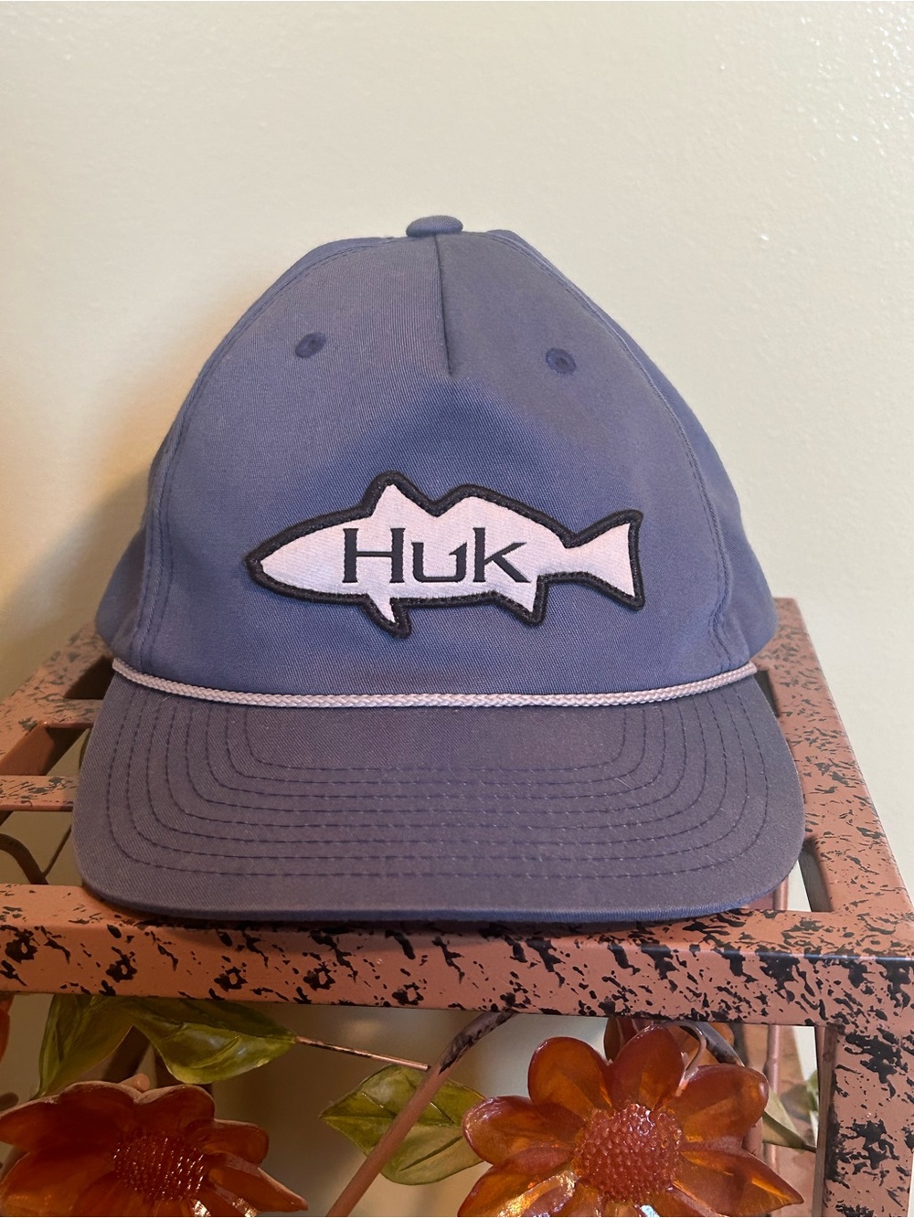 Huk Mens Redfish Unstructured Anti-Glare Fishing Hat Snapback Rope Cap Blue Gray